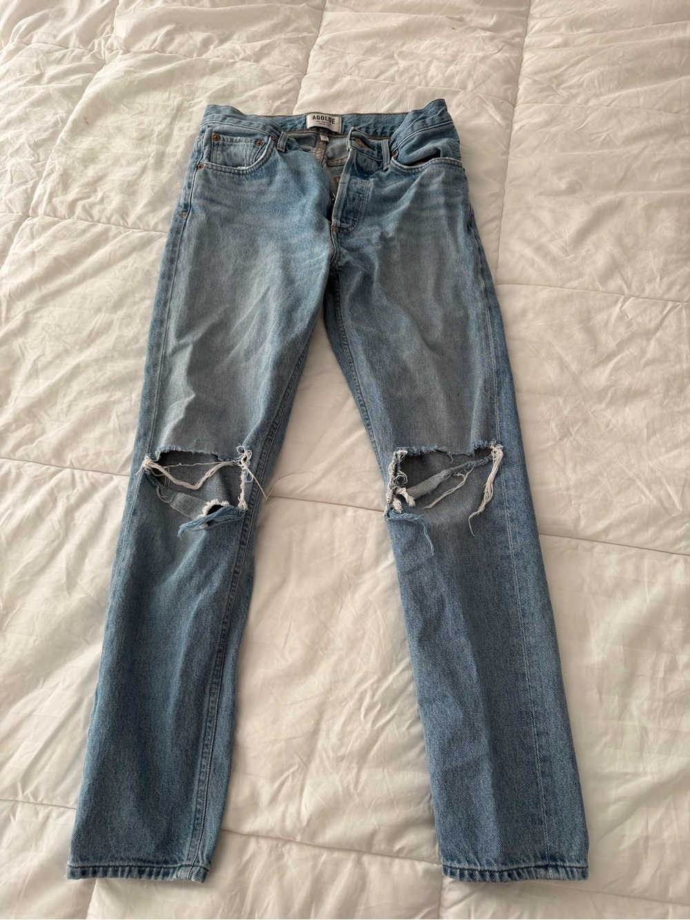 Agolde Light Blue Distressed High-Rise Straight Jeans - read description